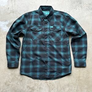 Dixxon Flannel SXS Trixie Shirt M Green Black Plaid Button Snap Glasses Holder